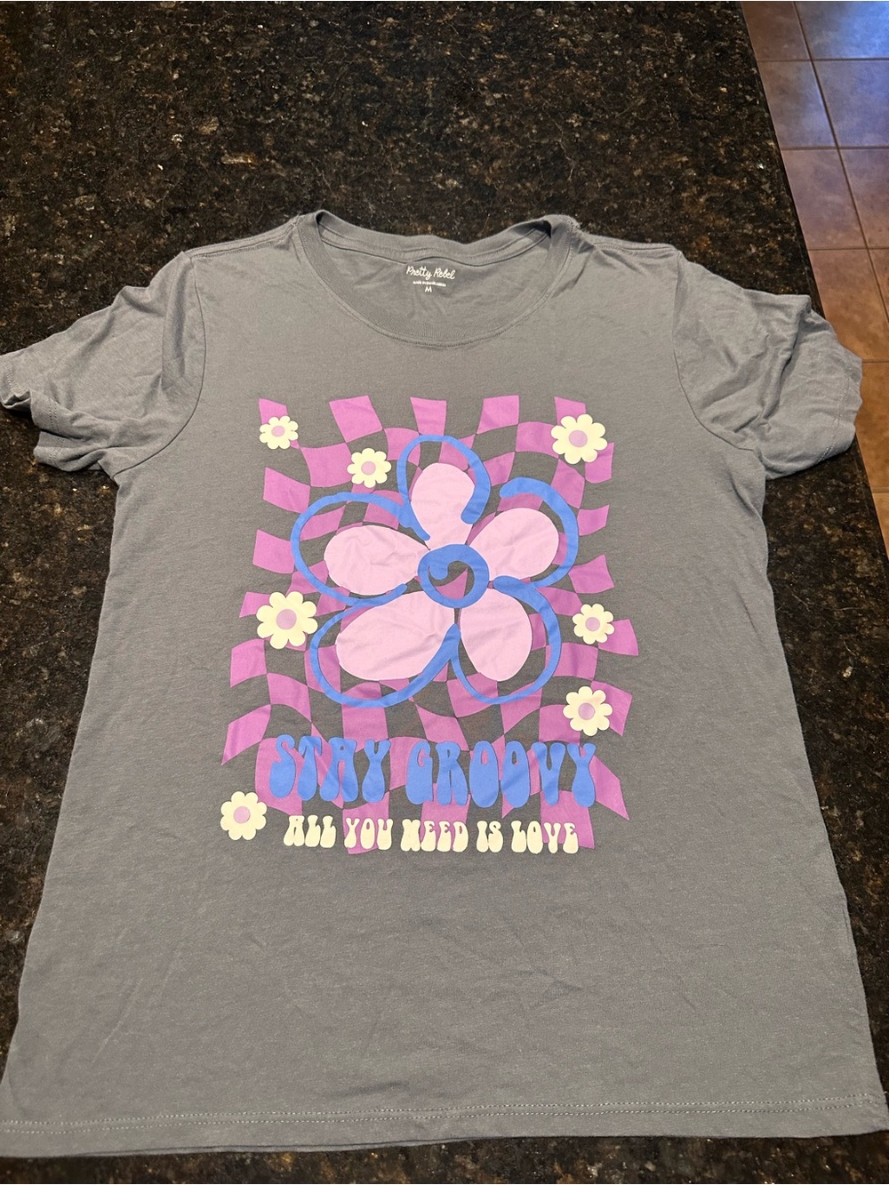 Stay Groovy Gray Kids Graphic Tee - Pink & Purple Floral